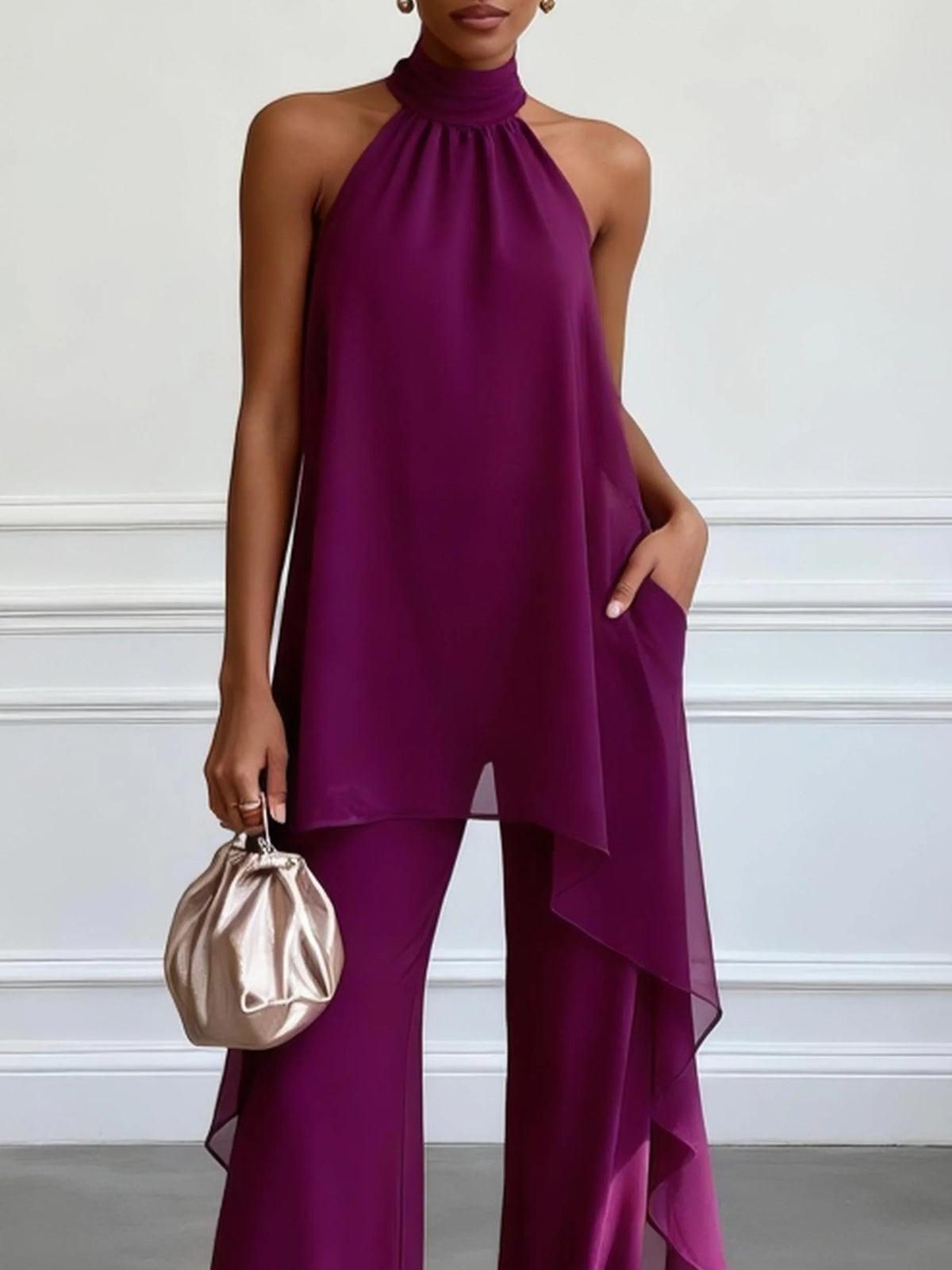 Ellie | Purple Halter Sleeveless Elegant Top With Pants Two-Piece Set