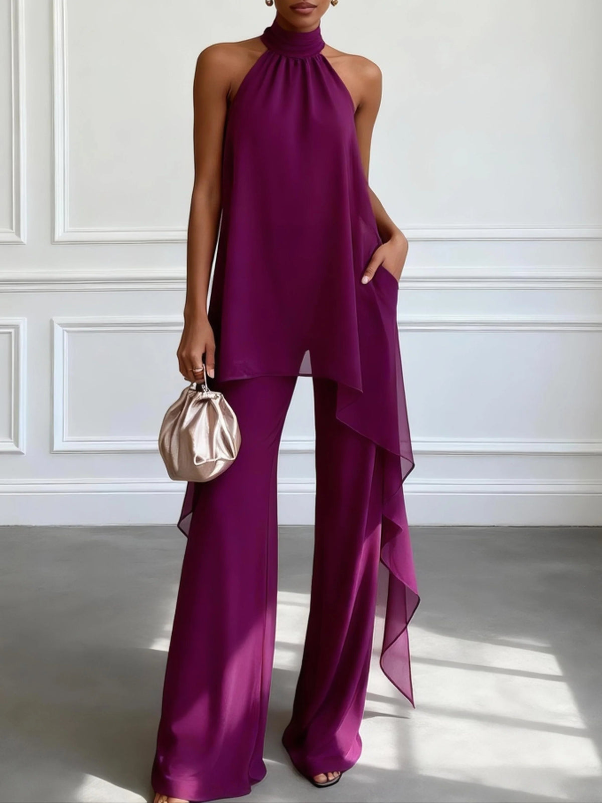 Ellie | Purple Halter Sleeveless Elegant Top With Pants Two-Piece Set