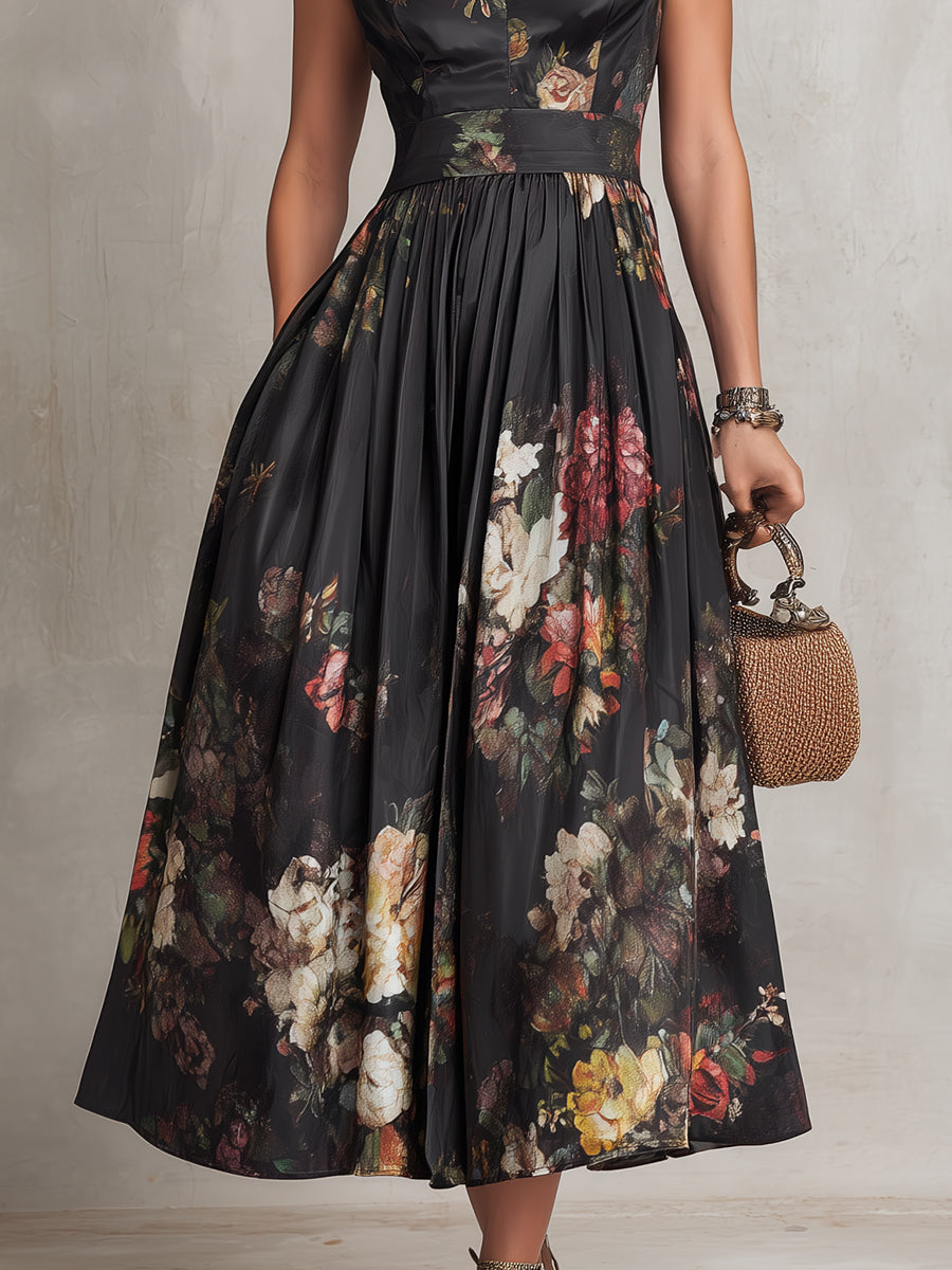 Olivia | Black Keyhole Collar Floral Pleated Satin Midi Dress