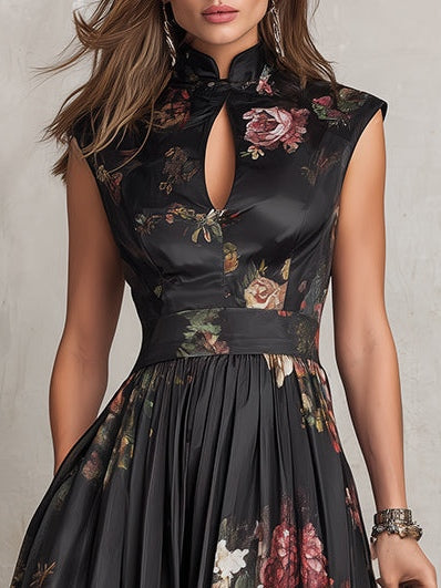 Olivia | Black Keyhole Collar Floral Pleated Satin Midi Dress