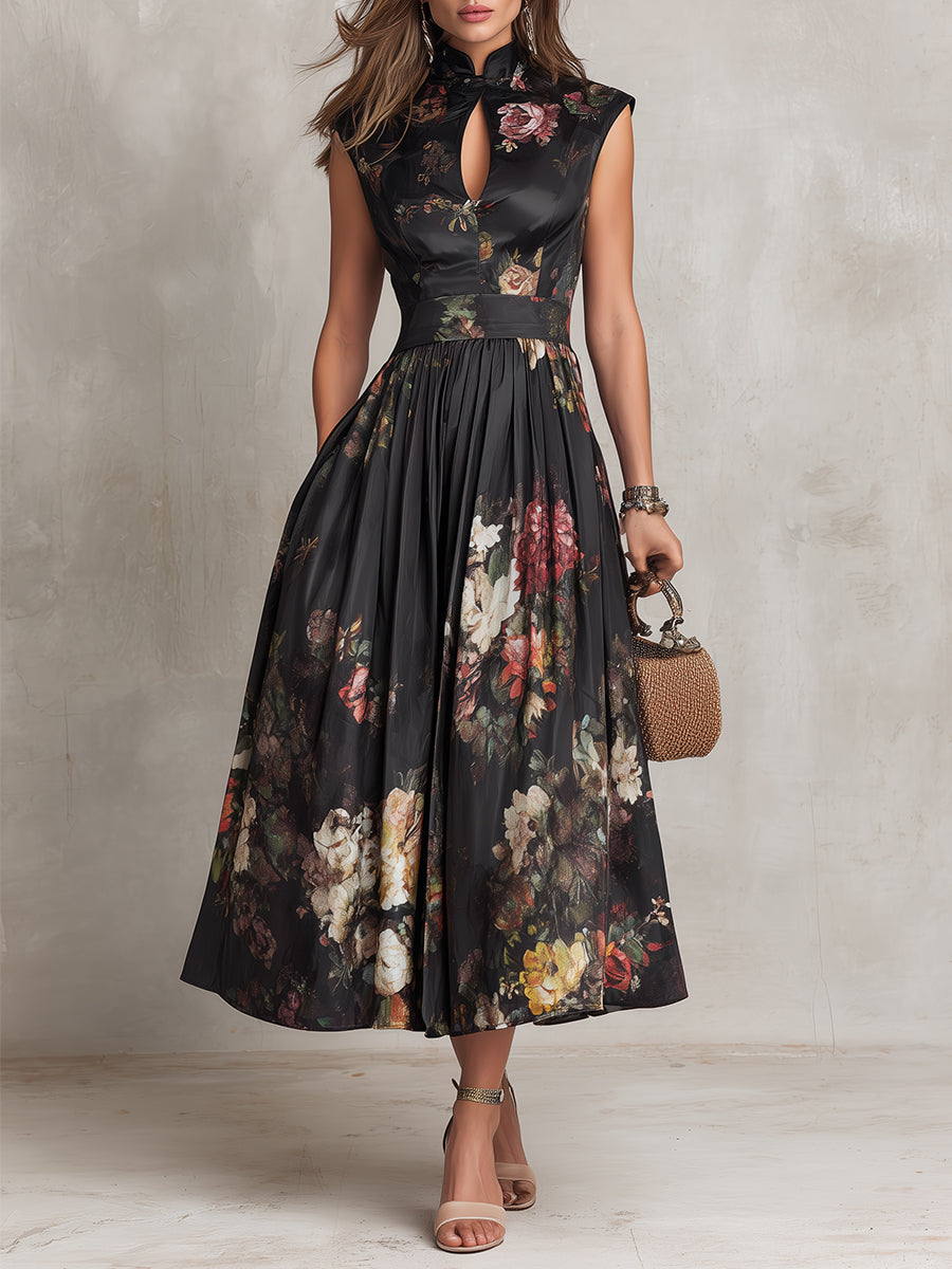 Olivia | Black Keyhole Collar Floral Pleated Satin Midi Dress