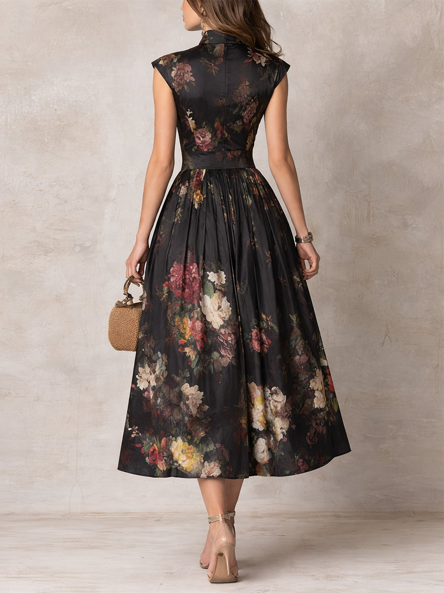 Olivia | Black Keyhole Collar Floral Pleated Satin Midi Dress