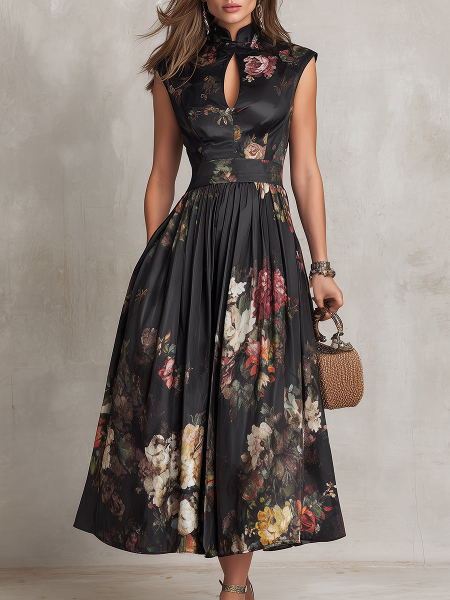 Olivia | Black Keyhole Collar Floral Pleated Satin Midi Dress