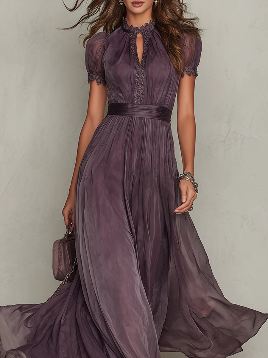 Abigail | Purple Keyhole Neckline Chiffon Lace Trim Maxi Dress