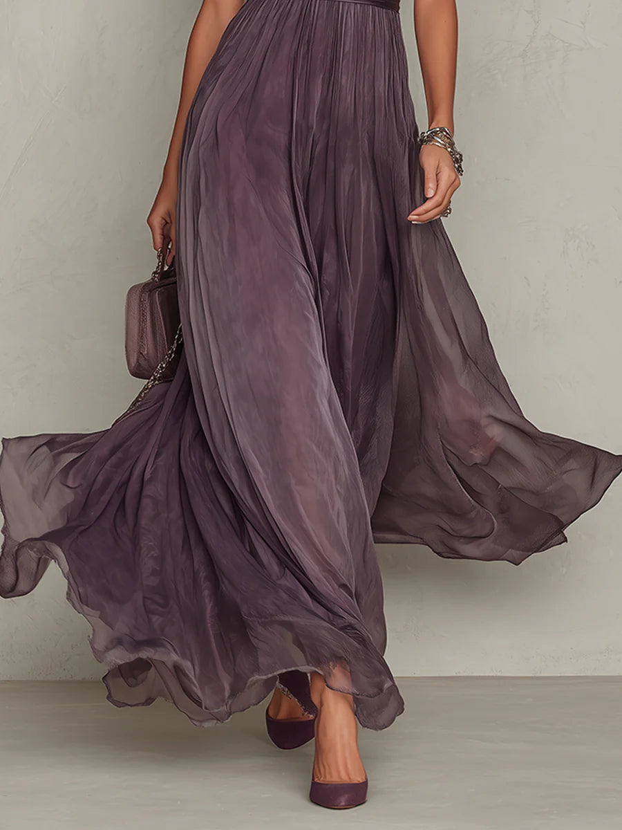Abigail | Purple Keyhole Neckline Chiffon Lace Trim Maxi Dress
