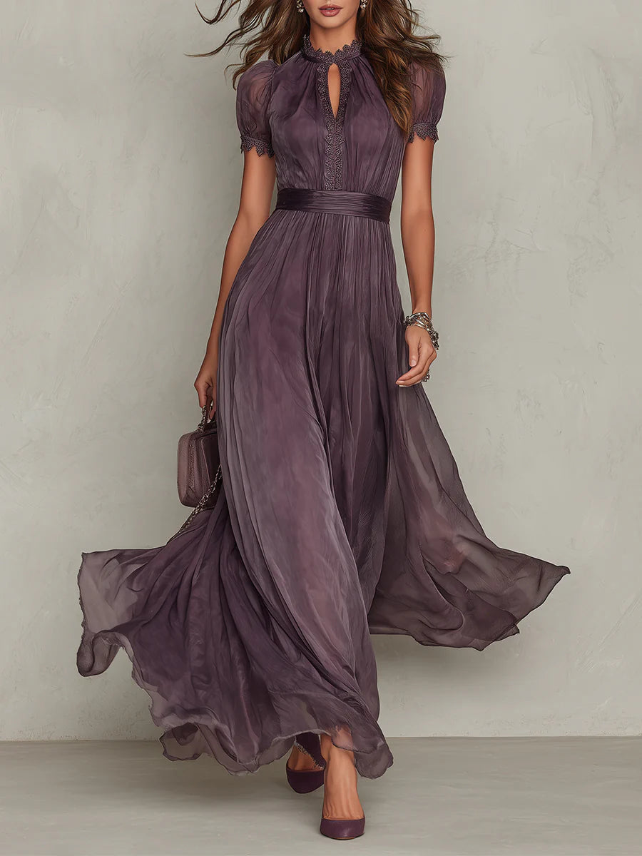 Abigail | Purple Keyhole Neckline Chiffon Lace Trim Maxi Dress