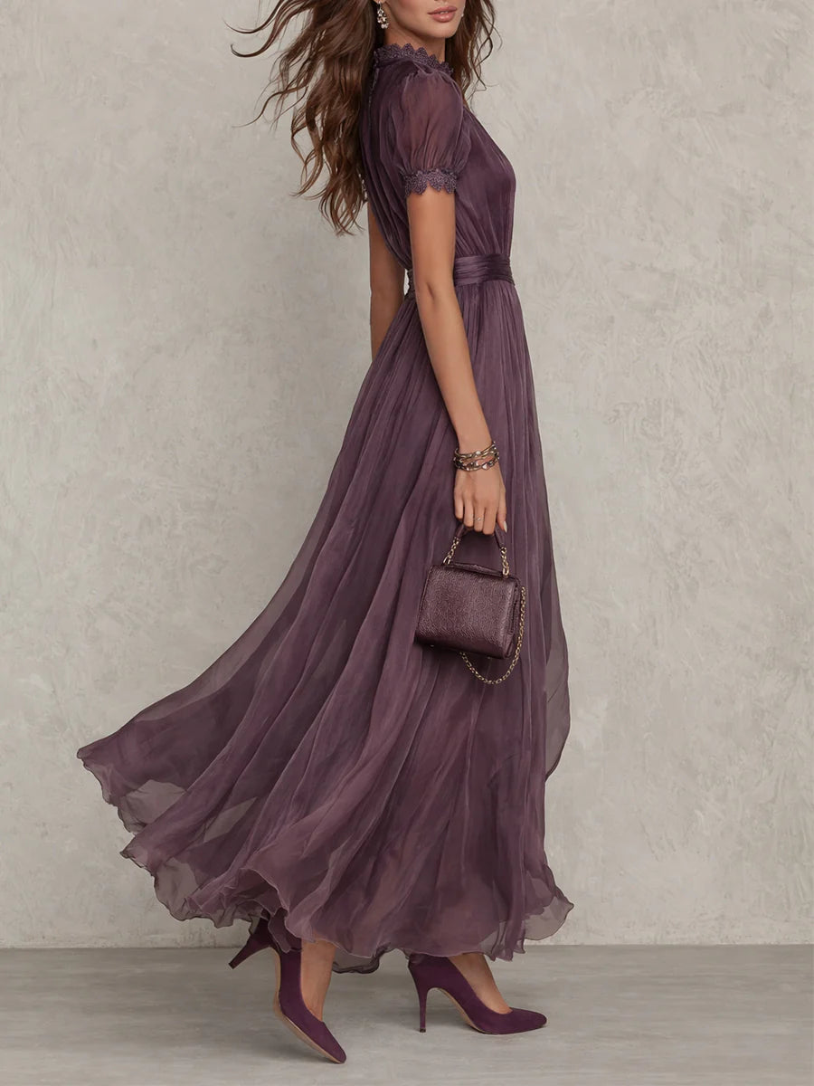 Abigail | Purple Keyhole Neckline Chiffon Lace Trim Maxi Dress