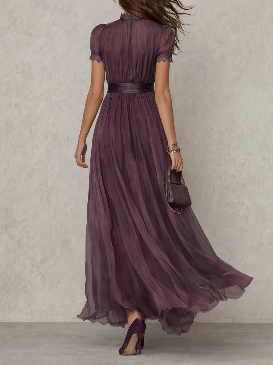 Abigail | Purple Keyhole Neckline Chiffon Lace Trim Maxi Dress
