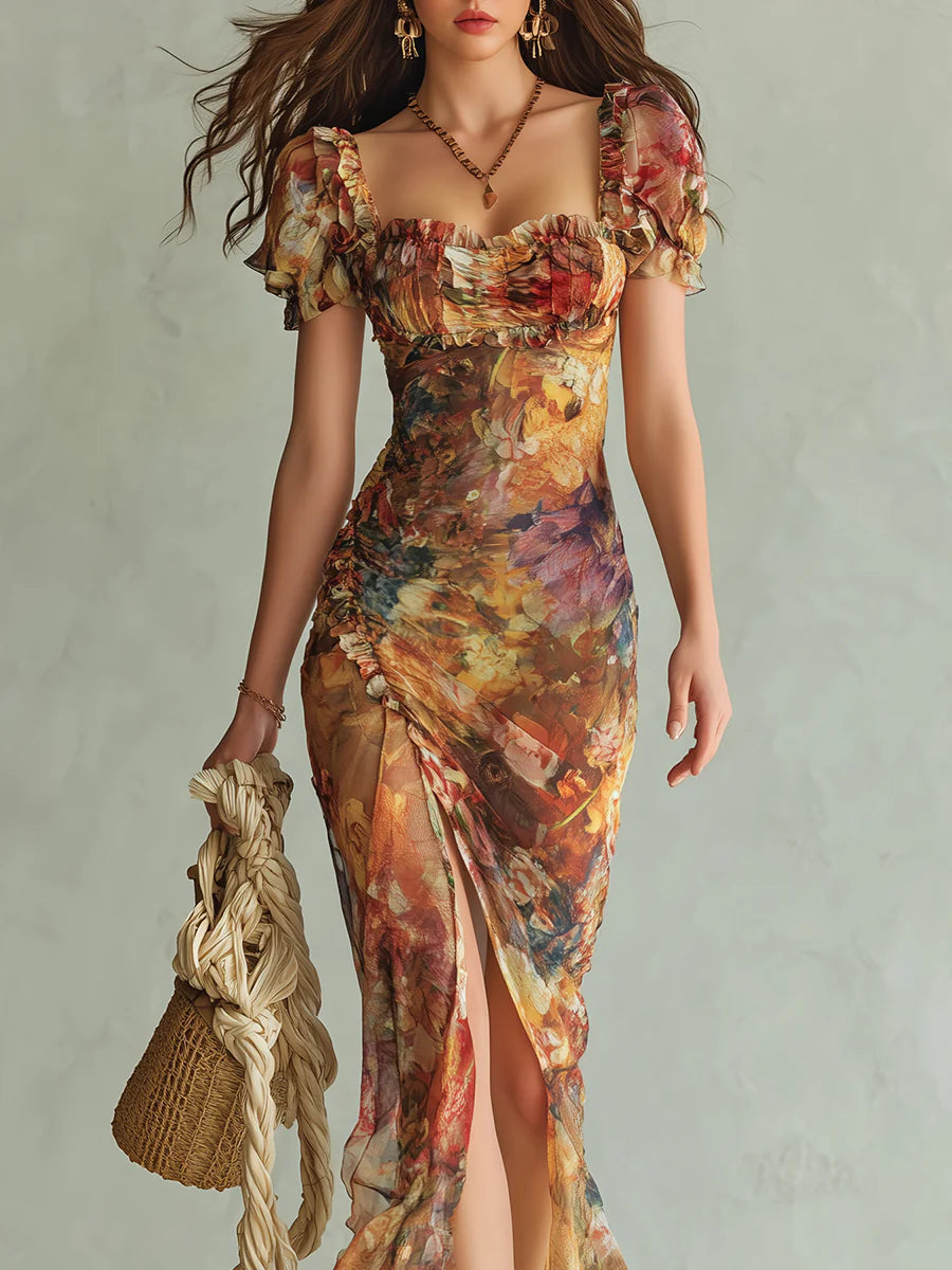 Brooklyn| Orange Bohemian Holiday Oil Painting Print Chiffon Maxi Dress