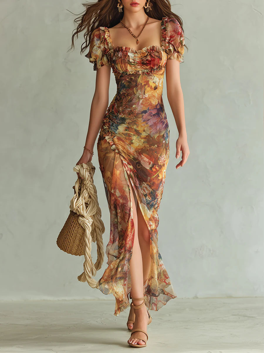 Brooklyn| Orange Bohemian Holiday Oil Painting Print Chiffon Maxi Dress