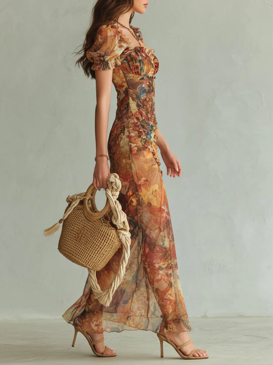 Brooklyn| Orange Bohemian Holiday Oil Painting Print Chiffon Maxi Dress