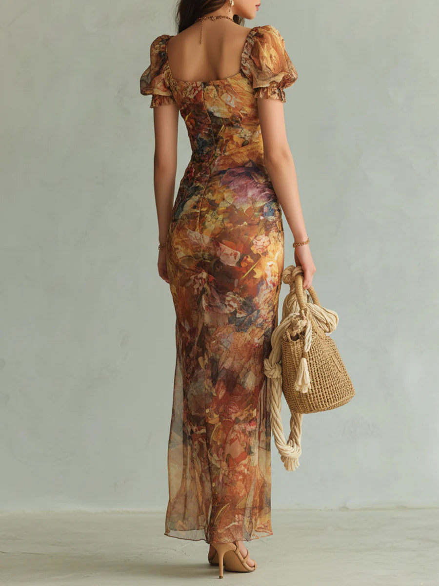 Brooklyn| Orange Bohemian Holiday Oil Painting Print Chiffon Maxi Dress
