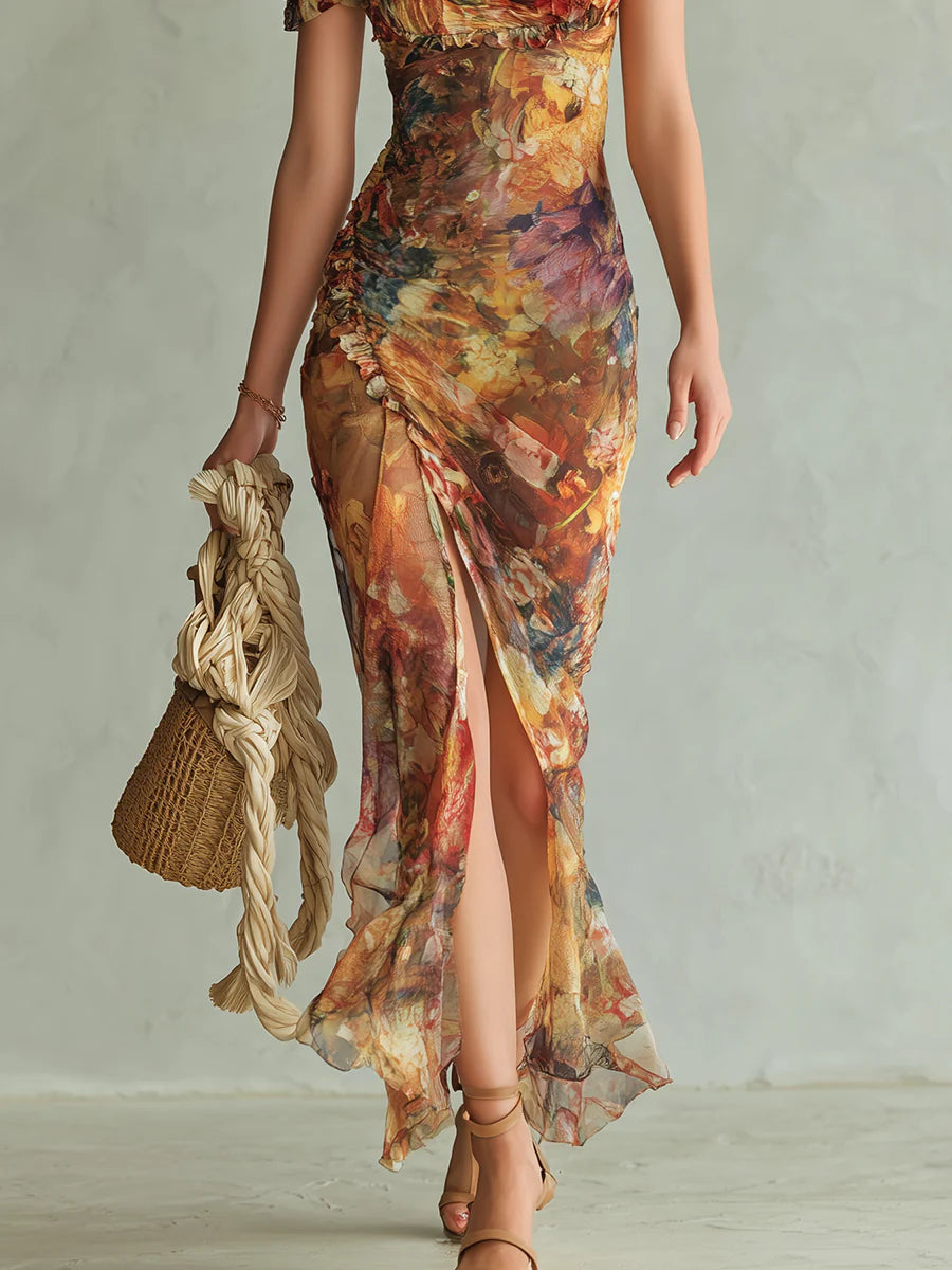 Brooklyn| Orange Bohemian Holiday Oil Painting Print Chiffon Maxi Dress