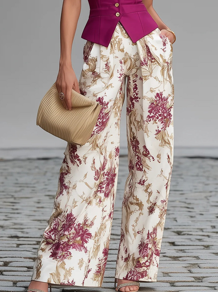 Layla | Rose Pink Sleeveless Vest And Floral Printed Wide-leg Pants Set