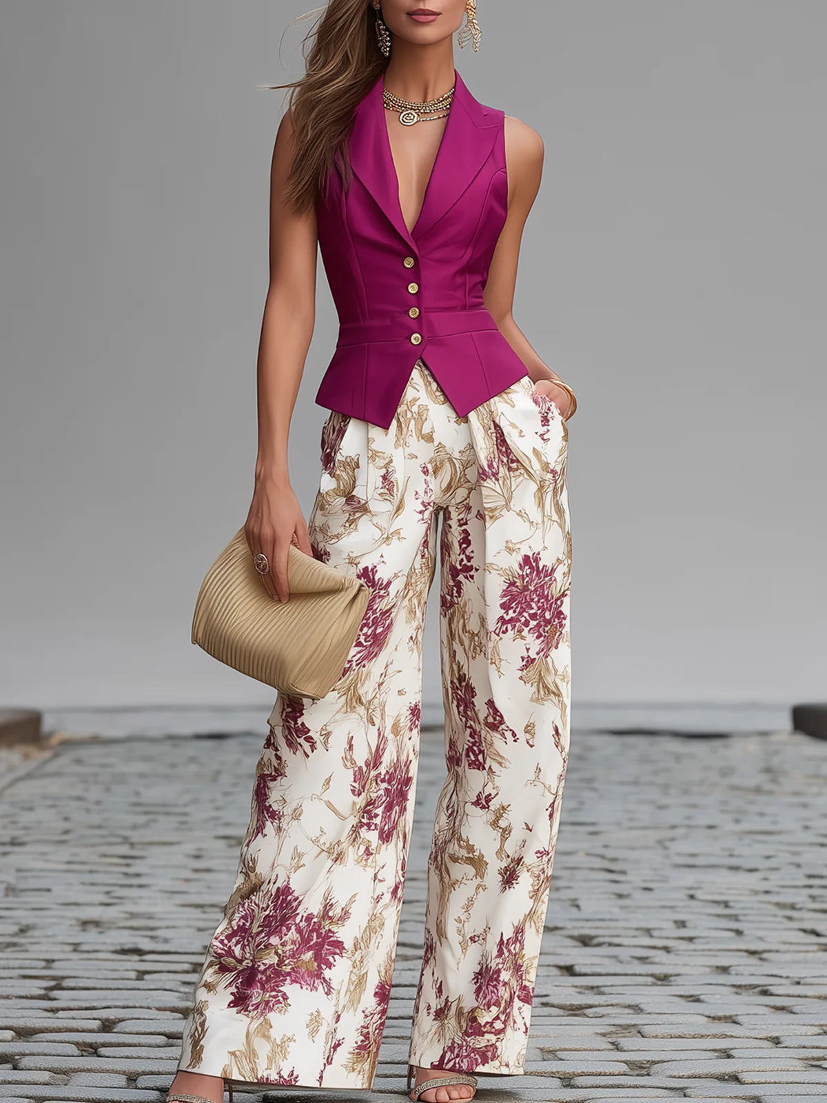 Layla | Rose Pink Sleeveless Vest And Floral Printed Wide-leg Pants Set