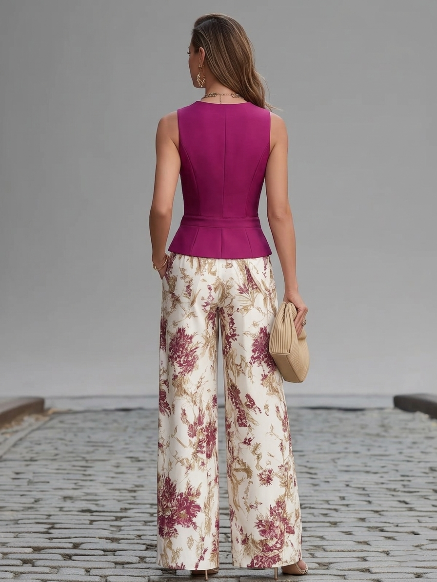 Layla | Rose Pink Sleeveless Vest And Floral Printed Wide-leg Pants Set