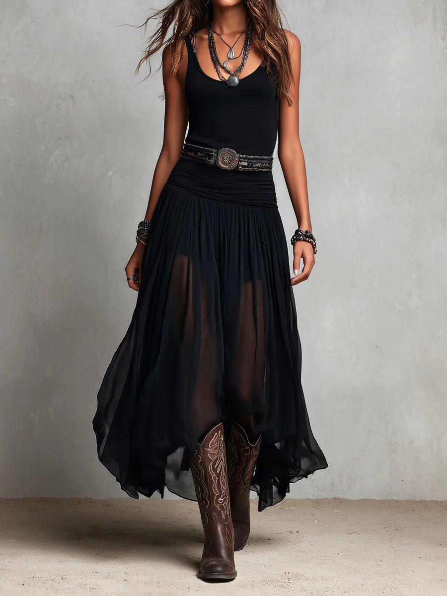 Luna | Black Sleeveless Tank Top With Tulle Skirt Maxi Dress (with belt)