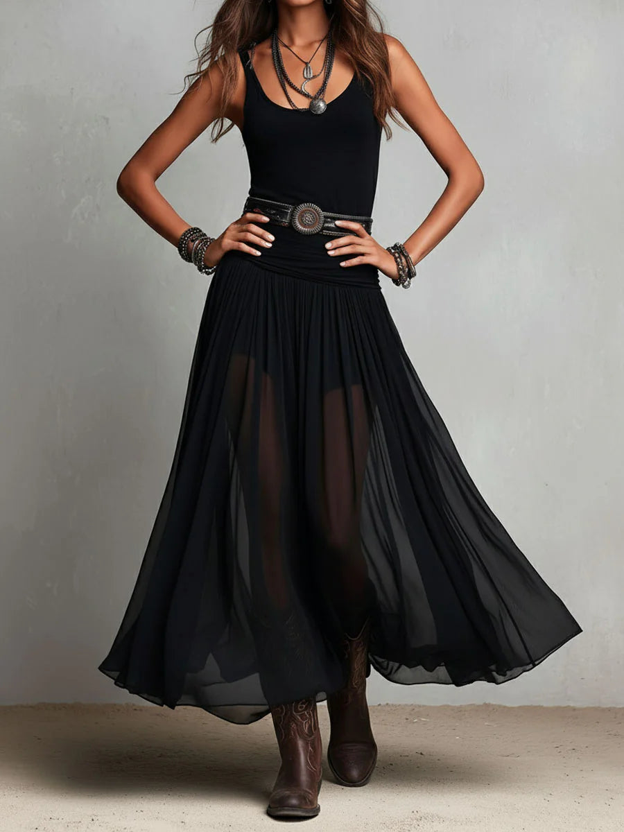 Luna | Black Sleeveless Tank Top With Tulle Skirt Maxi Dress (with belt)
