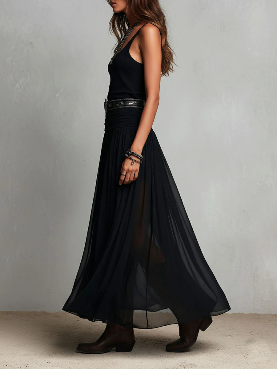 Luna | Black Sleeveless Tank Top With Tulle Skirt Maxi Dress (with belt)
