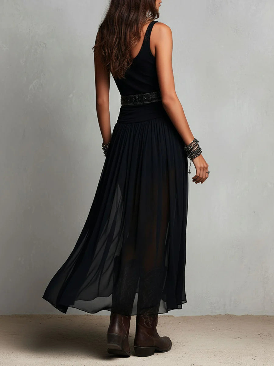 Luna | Black Sleeveless Tank Top With Tulle Skirt Maxi Dress (with belt)