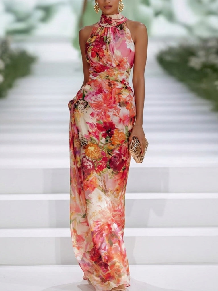 Zoe | Red Chiffon Floral Halter-neck Sleeveless Maxi Dress