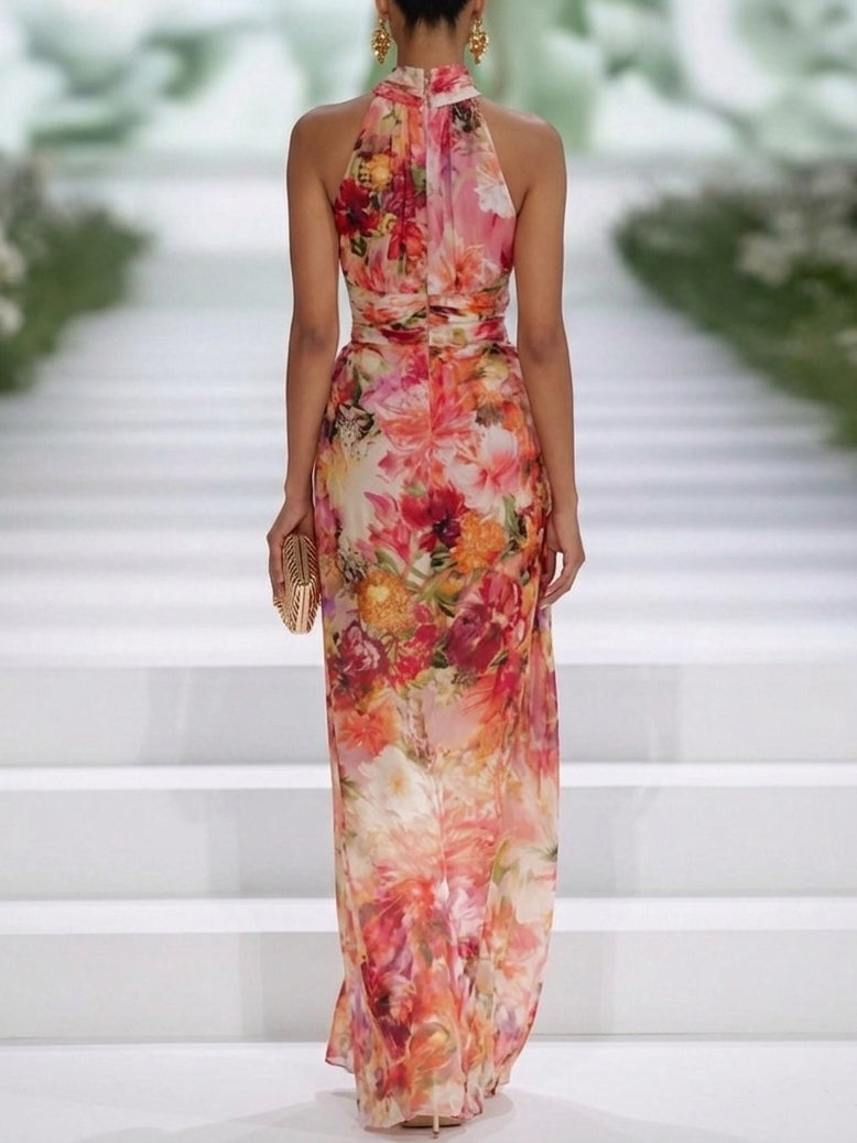 Zoe | Red Chiffon Floral Halter-neck Sleeveless Maxi Dress