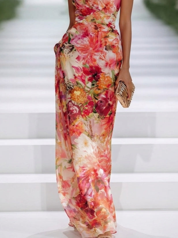 Zoe | Red Chiffon Floral Halter-neck Sleeveless Maxi Dress