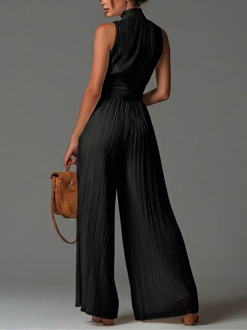 Hannah | Black V-neck Sleeveless Zip-up Pleated Wide-leg Chiffon Jumpsuit