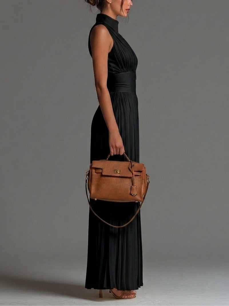 Hannah | Black V-neck Sleeveless Zip-up Pleated Wide-leg Chiffon Jumpsuit
