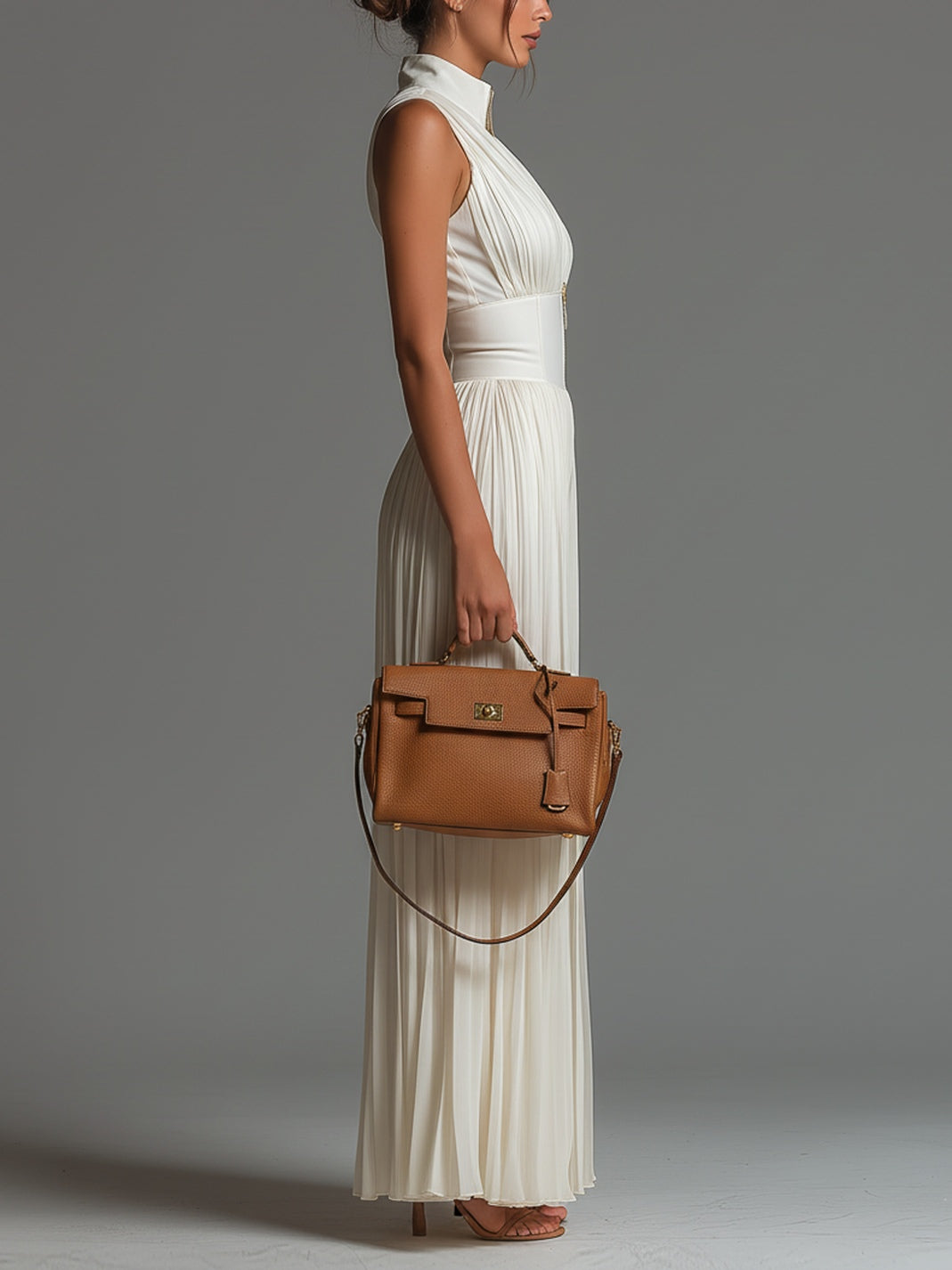 Alyssa |White V-neck Sleeveless Zip-up Pleated Wide-leg Chiffon Jumpsuit