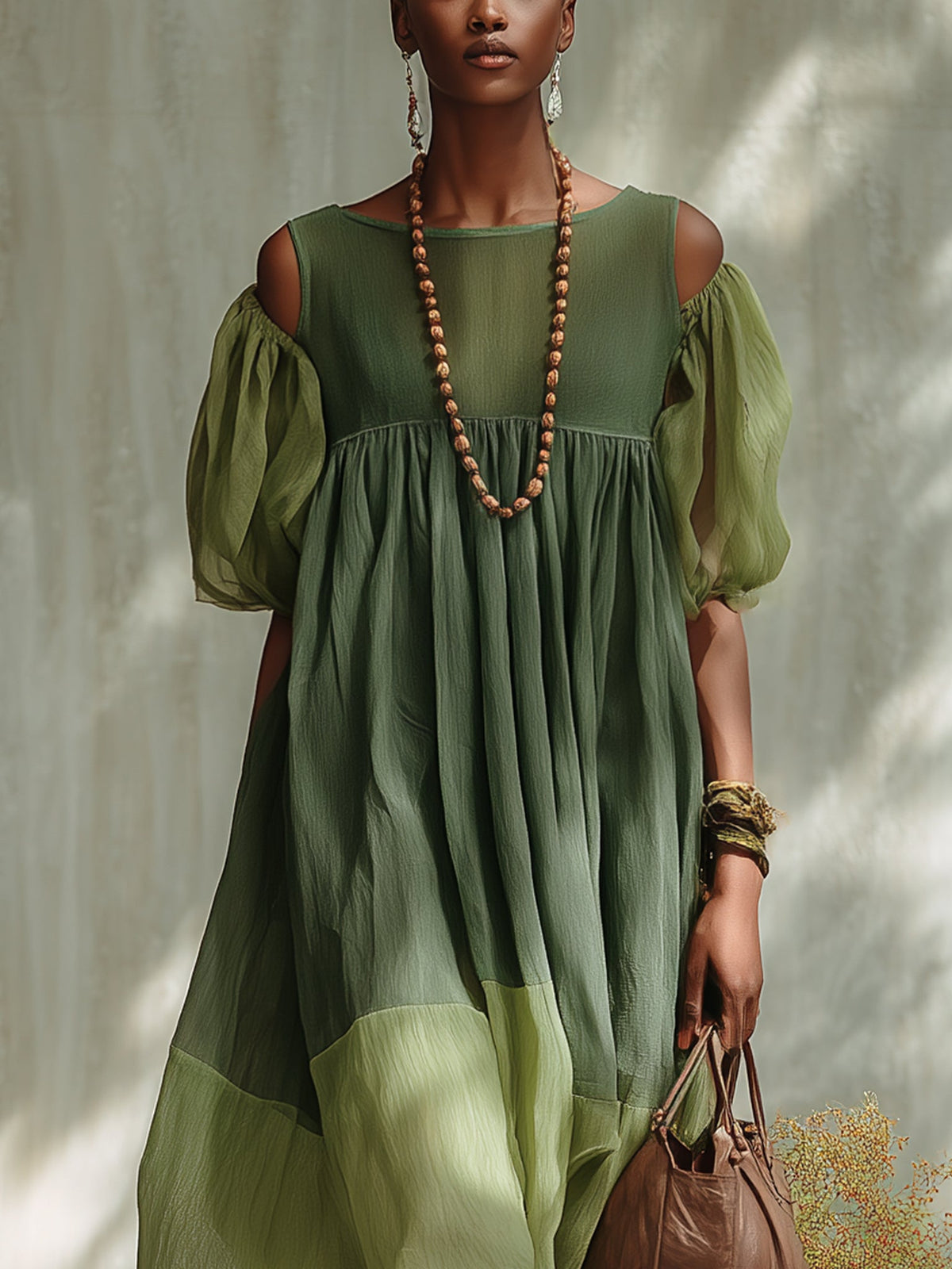 Aubrey | Green Chiffon Off Shoulder Short Sleeve Midi Dress