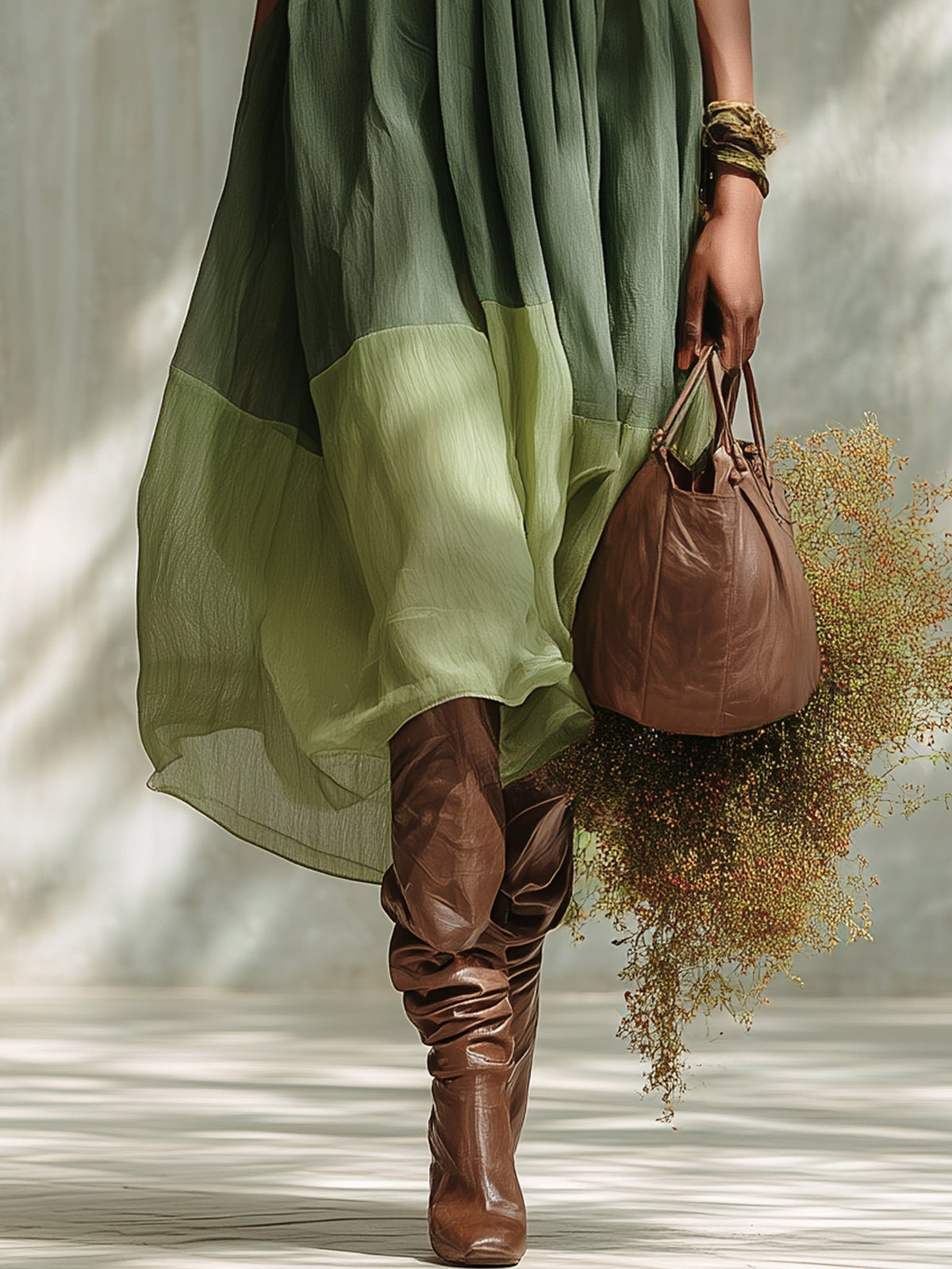 Aubrey | Green Chiffon Off Shoulder Short Sleeve Midi Dress