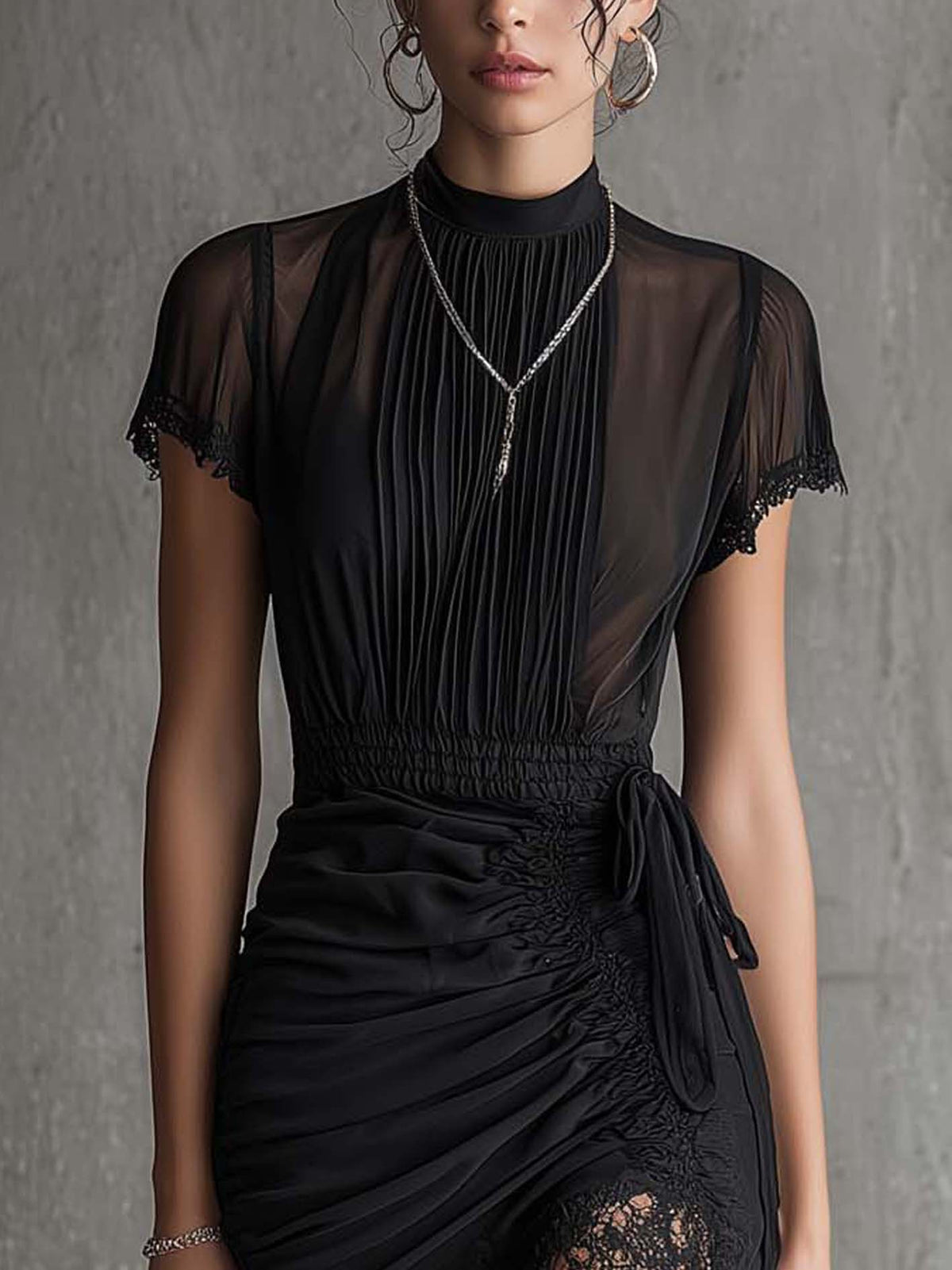 Ella | Black Chiffon Pleated Waist Lace-trimmed Mini Dress