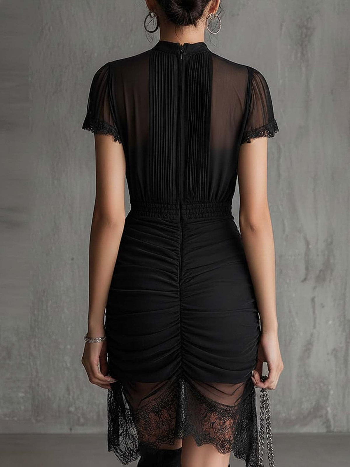 Ella | Black Chiffon Pleated Waist Lace-trimmed Mini Dress
