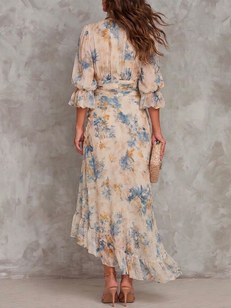 Charlotte | Beige Turtleneck Oil Painting Floral Print Irregular Chiffon Maxi Dress