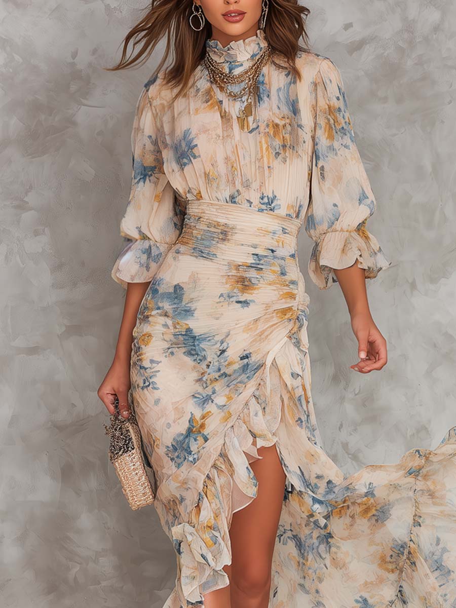 Charlotte | Beige Turtleneck Oil Painting Floral Print Irregular Chiffon Maxi Dress