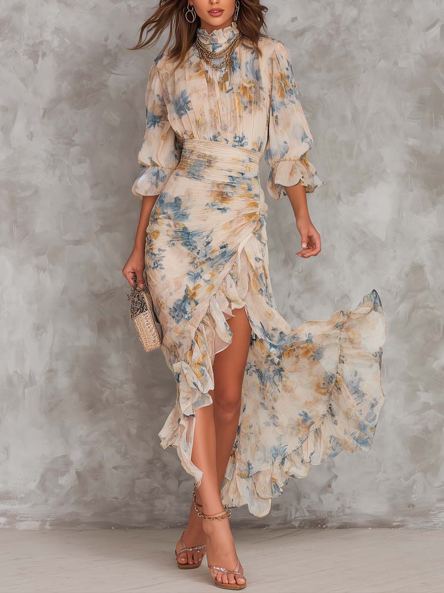 Charlotte | Beige Turtleneck Oil Painting Floral Print Irregular Chiffon Maxi Dress