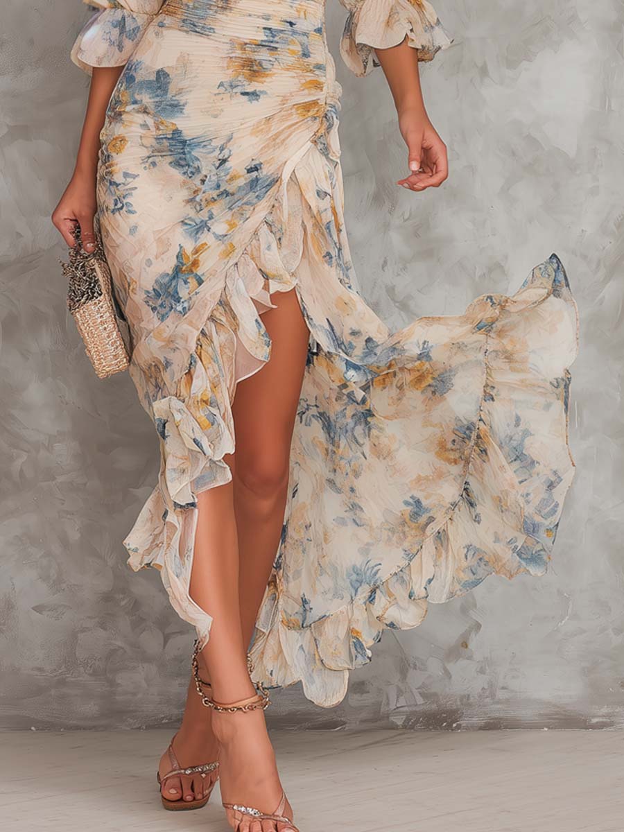 Charlotte | Beige Turtleneck Oil Painting Floral Print Irregular Chiffon Maxi Dress