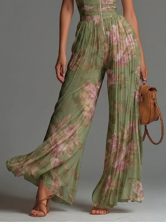 Isabella | Green Floral V-neck Sleeveless Zip-up Pleated Wide-leg Chiffon Jumpsuit