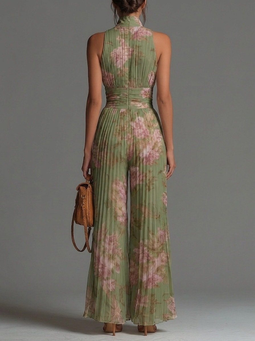 Isabella | Green Floral V-neck Sleeveless Zip-up Pleated Wide-leg Chiffon Jumpsuit