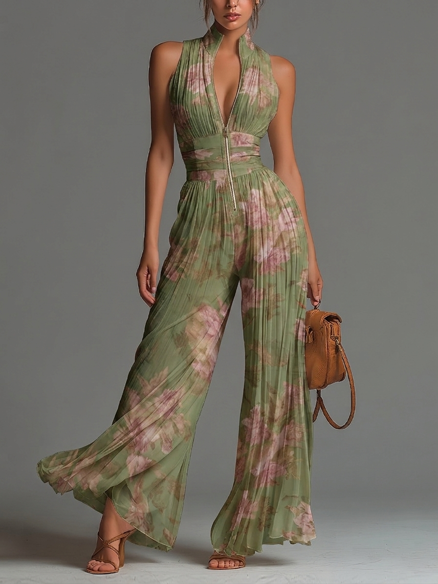 Isabella | Green Floral V-neck Sleeveless Zip-up Pleated Wide-leg Chiffon Jumpsuit