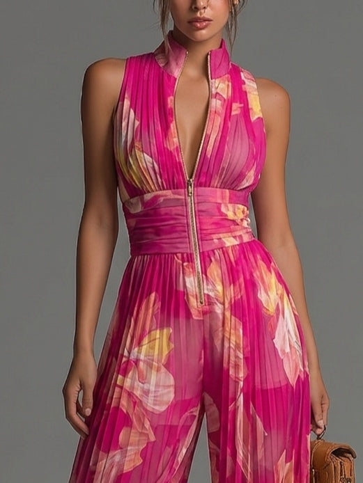Mia | Fuchsia Floral Print Sleeveless Zippered Pleated Wide-leg Chiffon Jumpsuit