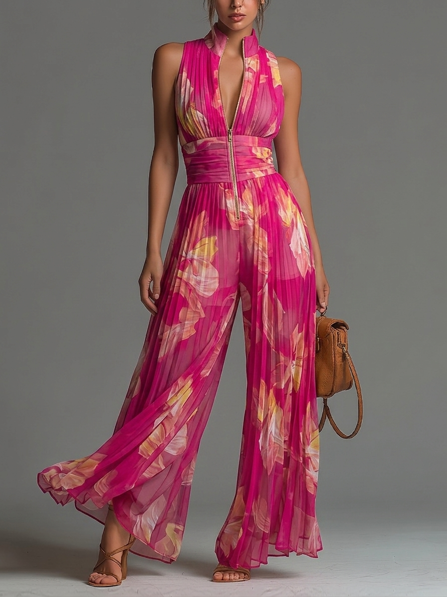 Mia | Fuchsia Floral Print Sleeveless Zippered Pleated Wide-leg Chiffon Jumpsuit
