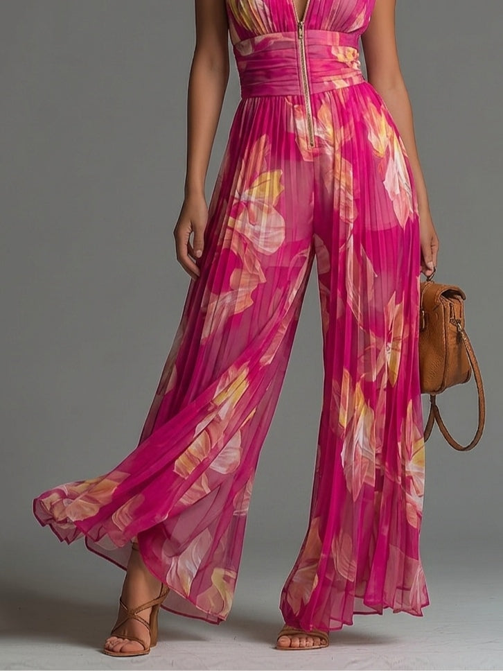 Mia | Fuchsia Floral Print Sleeveless Zippered Pleated Wide-leg Chiffon Jumpsuit