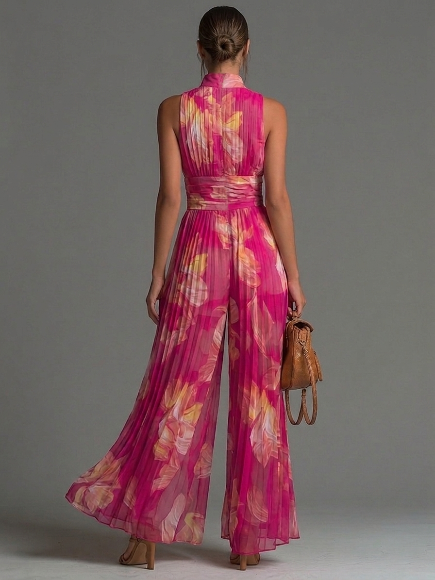 Mia | Fuchsia Floral Print Sleeveless Zippered Pleated Wide-leg Chiffon Jumpsuit