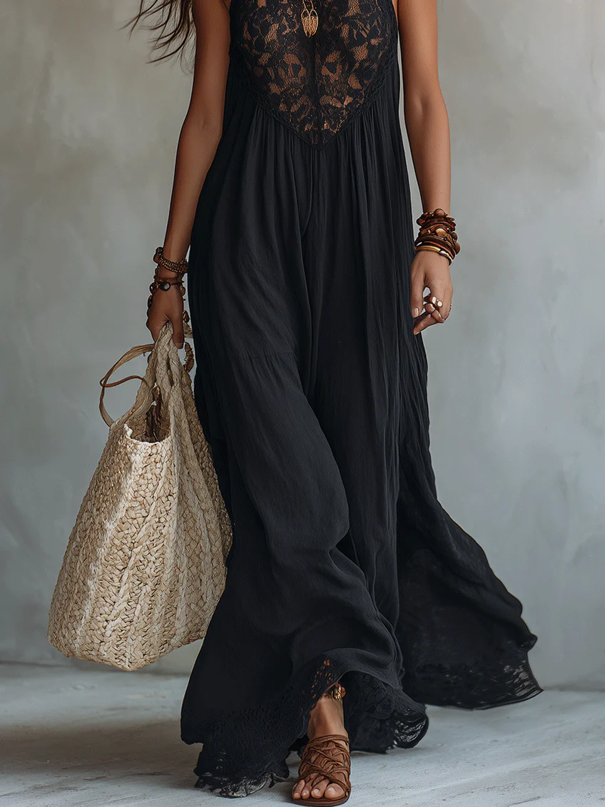 Amelia | Bohemian Black Sleeveless Lace-Trimmed Maxi Dress