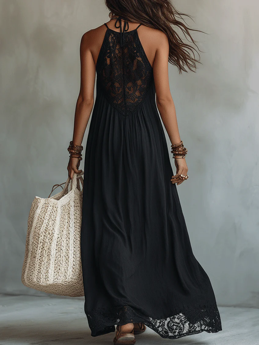 Amelia | Bohemian Black Sleeveless Lace-Trimmed Maxi Dress