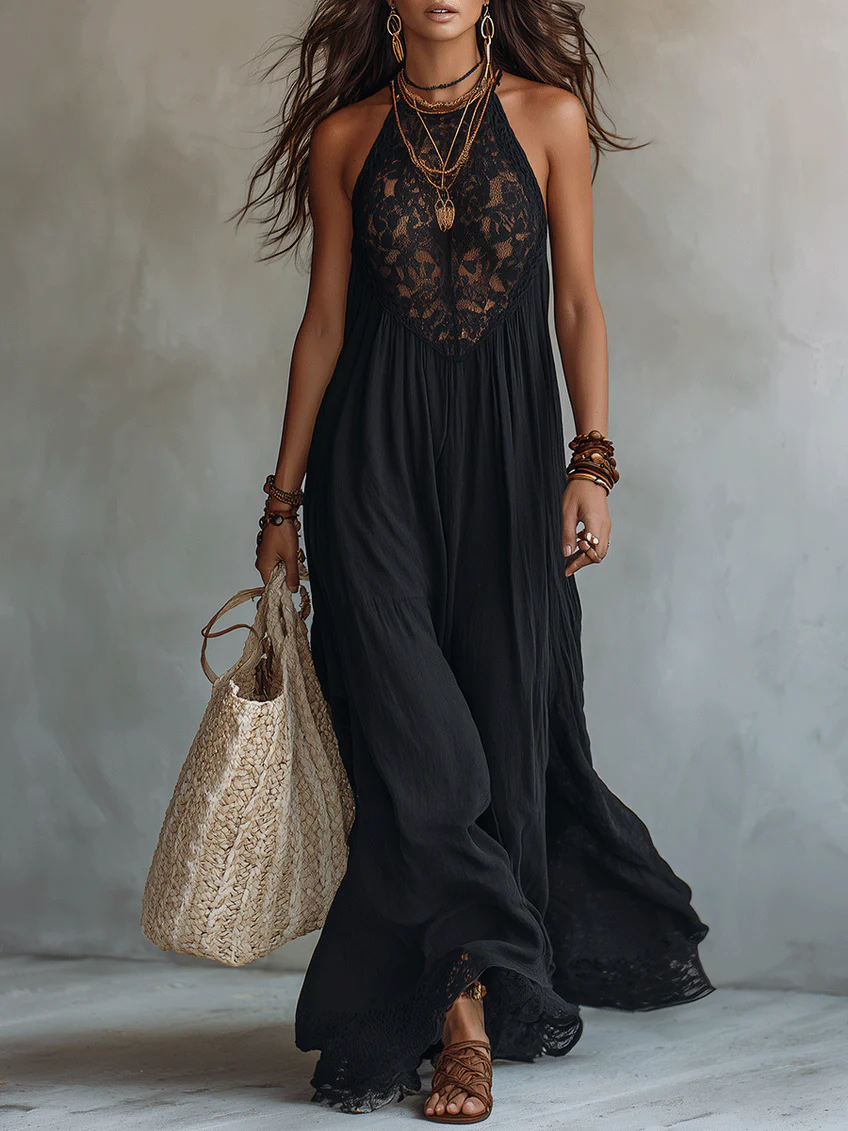 Amelia | Bohemian Black Sleeveless Lace-Trimmed Maxi Dress