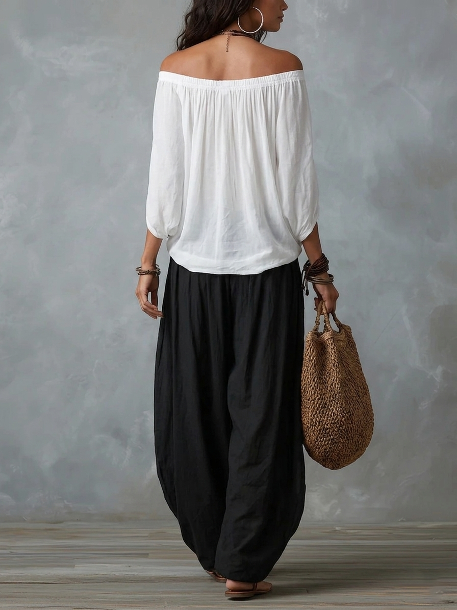 Addison | White Off-the-shoulder Top And Loose-fitting Lantern Pants Set