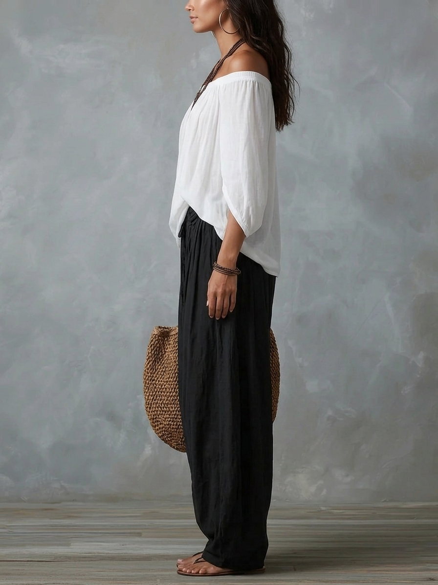 Addison | White Off-the-shoulder Top And Loose-fitting Lantern Pants Set